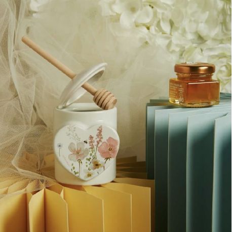 Portamiele con spargimiele bianco con decoro florale con miele (cl26102m)