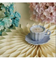 Candela in tazza con piattino in porcellana azzurra (cl26221)