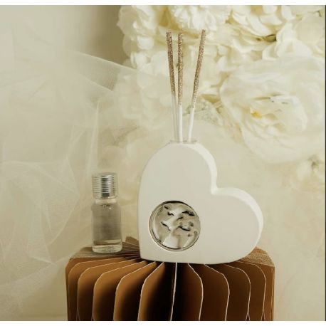 Diffusore cuore in gesso con applicazione mondo in argento (cl26278)