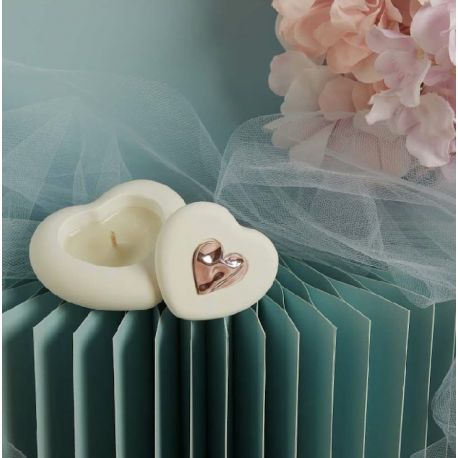 Scatolina cuore in gesso con candela con applicazione rosa (cl26294cand)